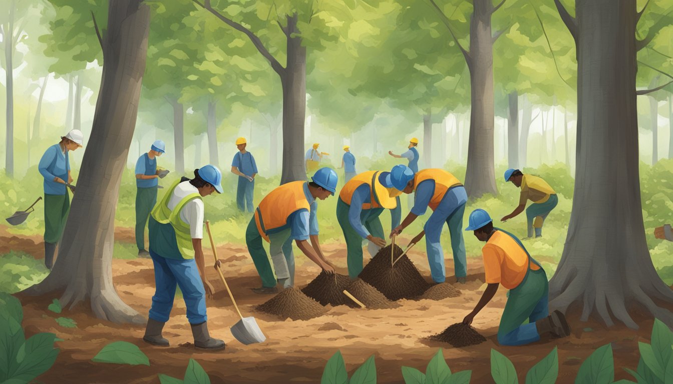 A group of workers planting and tending to young American chestnut trees in a lush forest clearing, with a hopeful and optimistic atmosphere