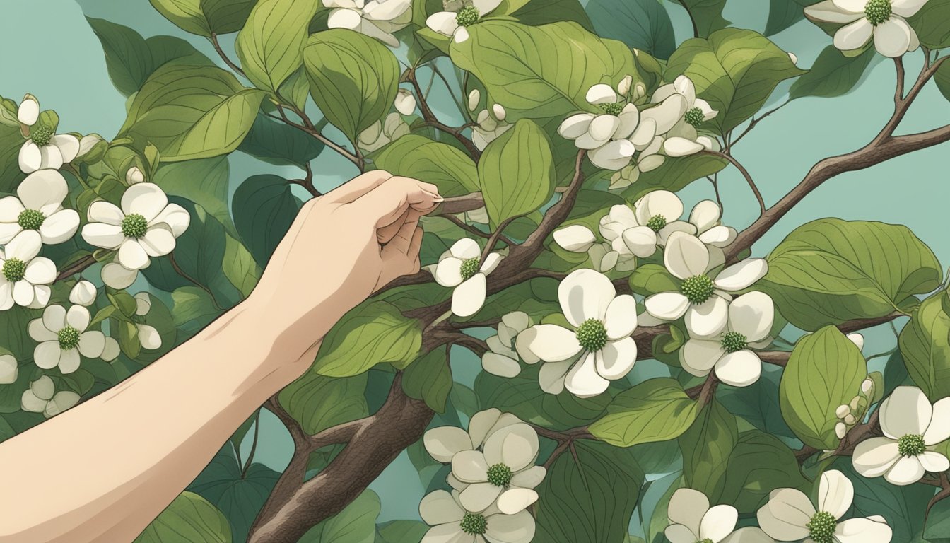 A person carefully plucking ripe dogwood berries from the branches of a dogwood tree in a lush garden setting