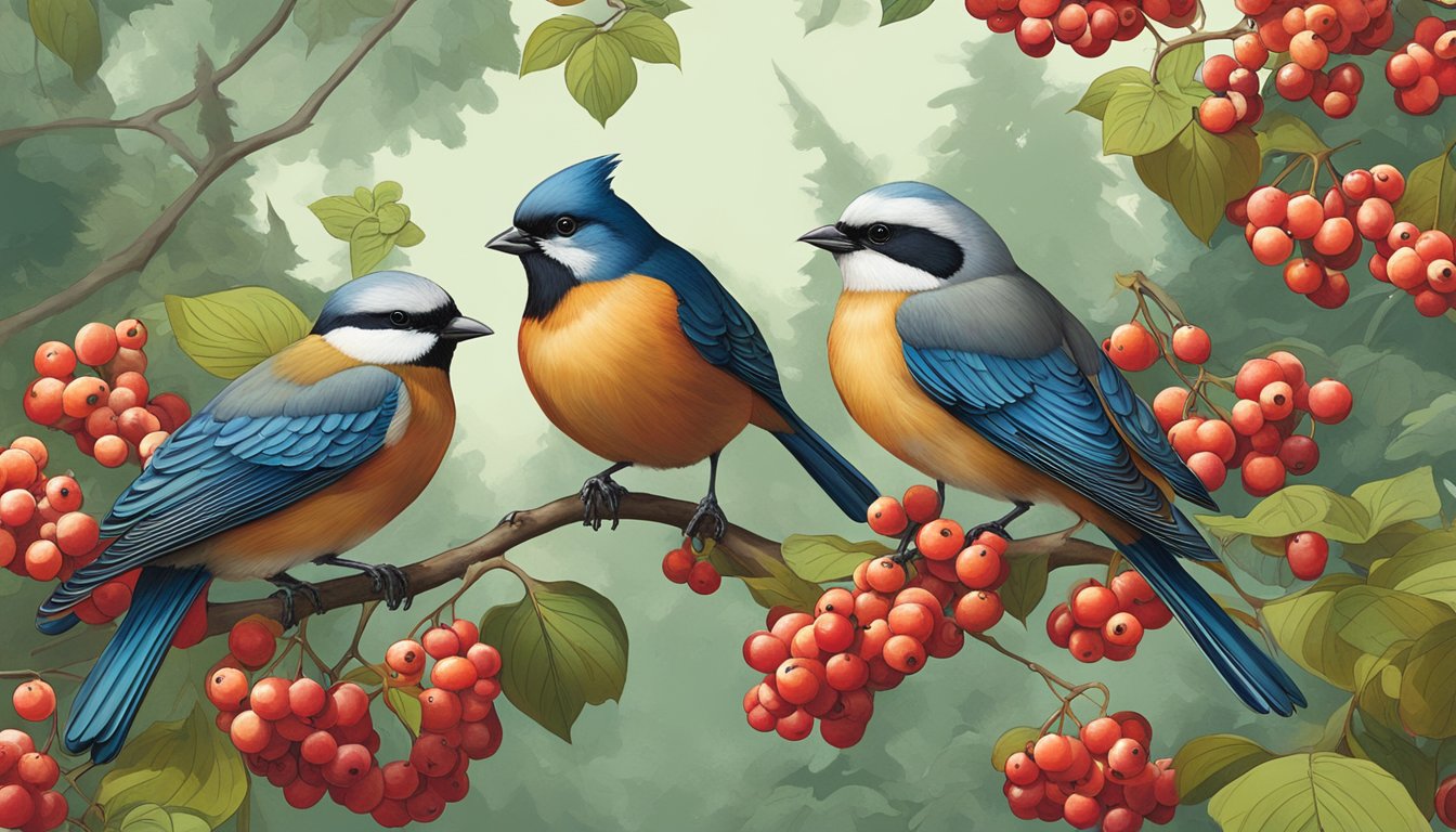 A group of birds perched on dogwood branches, feasting on ripe red berries amid a lush forest backdrop