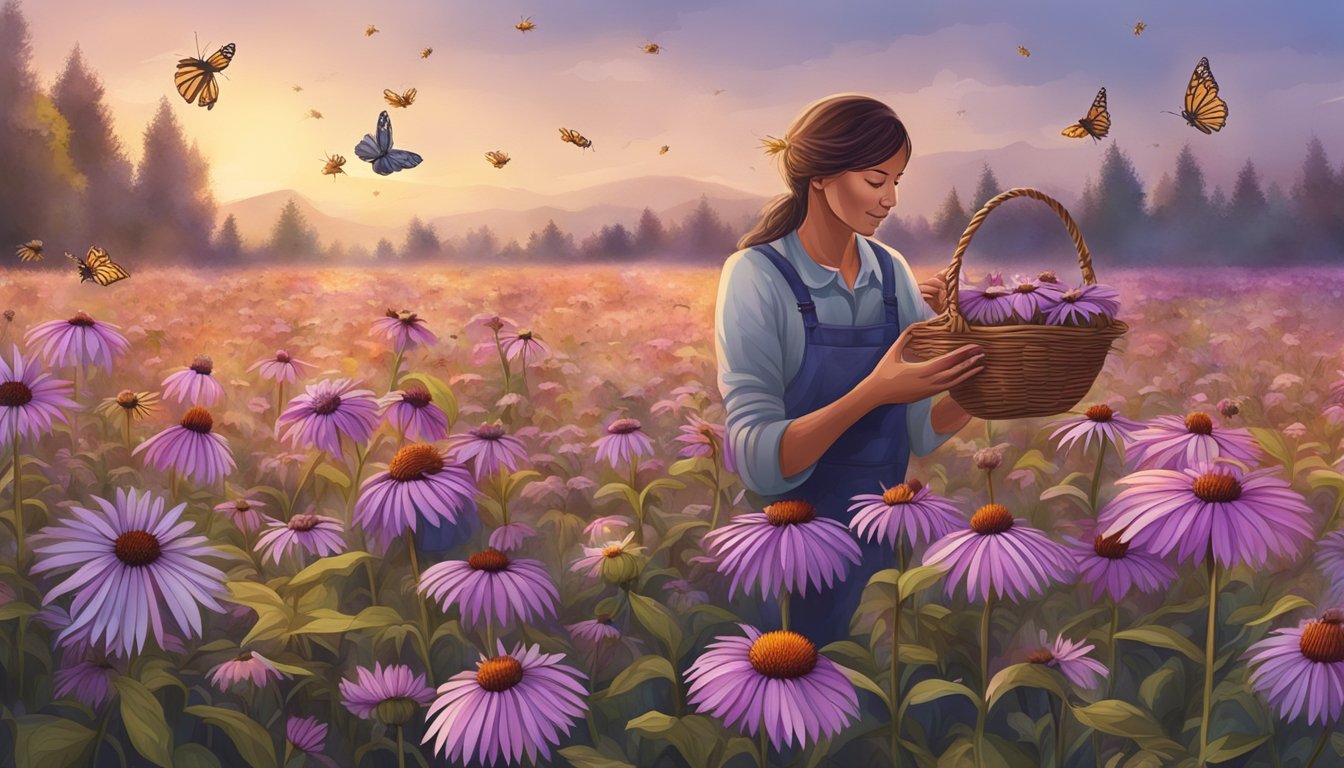 A field of purple echinacea flowers being carefully harvested by an individual with a basket, surrounded by buzzing bees and butterflies