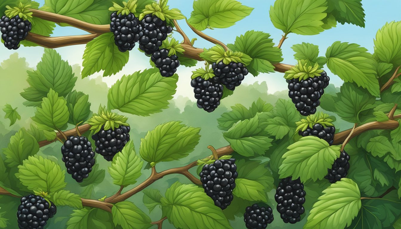 Lush green foliage surrounds ripe evergreen blackberries, hanging from thorny vines in a wild, overgrown landscape