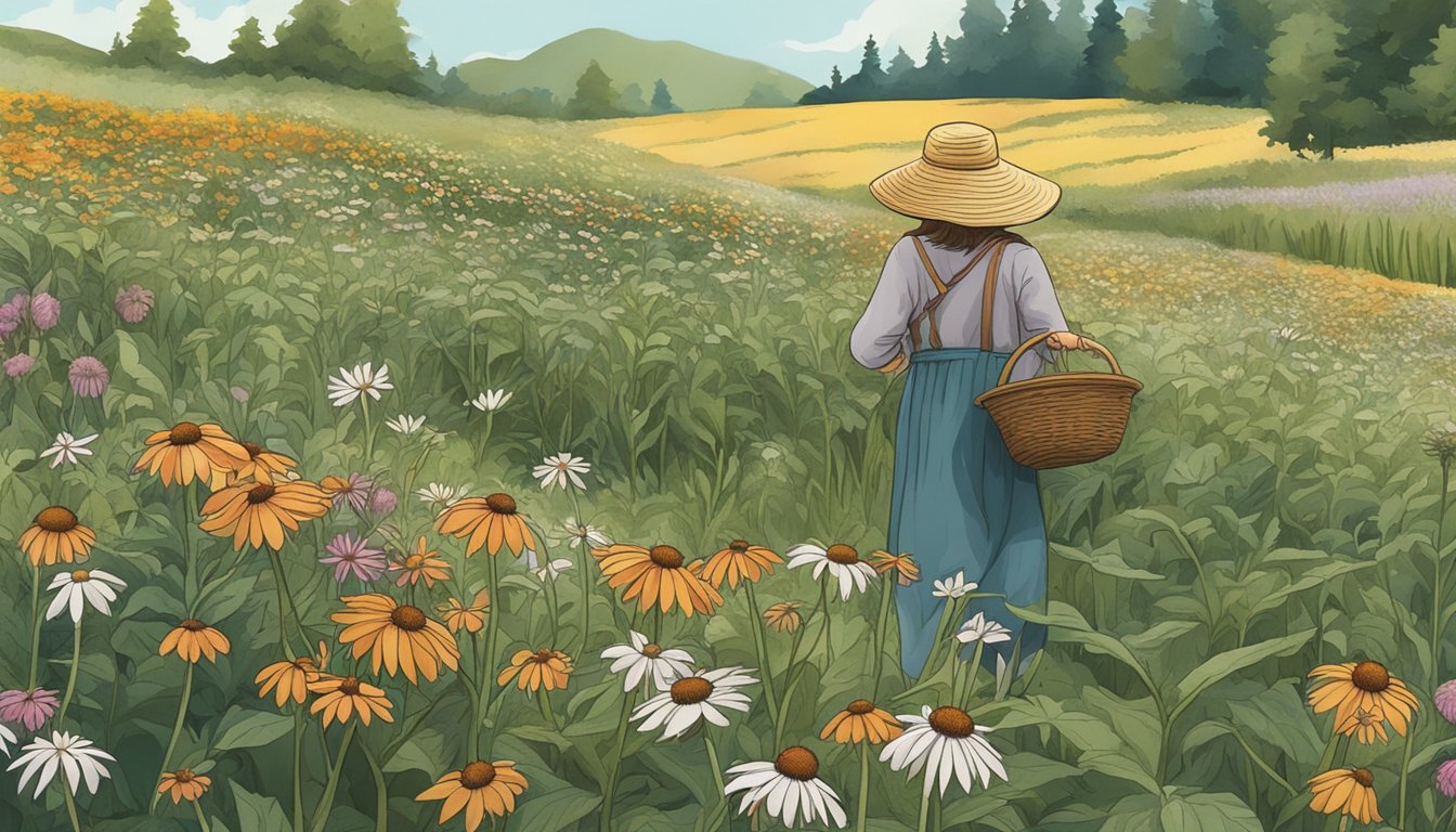 A person foraging for echinacea in a field, with a basket of harvested flowers and plants by their side