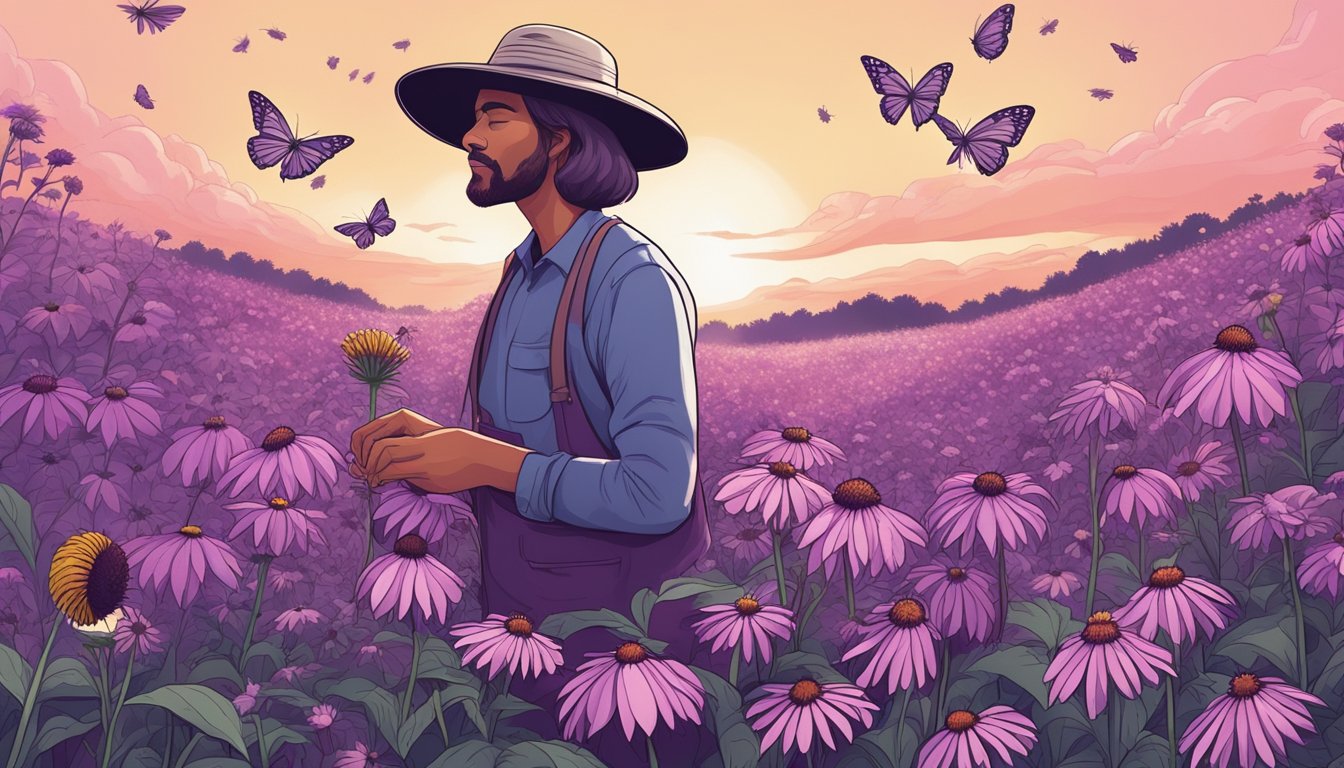 A lush field of purple echinacea flowers being carefully harvested by a figure in a wide-brimmed hat, surrounded by buzzing bees and fluttering butterflies