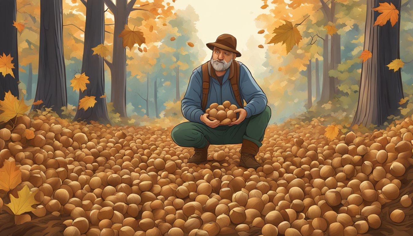 A figure collects ripe American hazelnuts from the forest floor, surrounded by fallen leaves and twigs