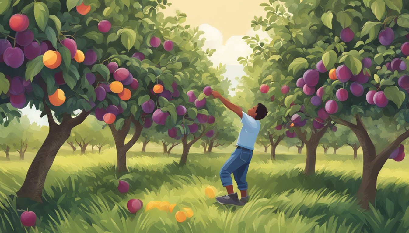 A person picking ripe American plums from a tree in a lush orchard