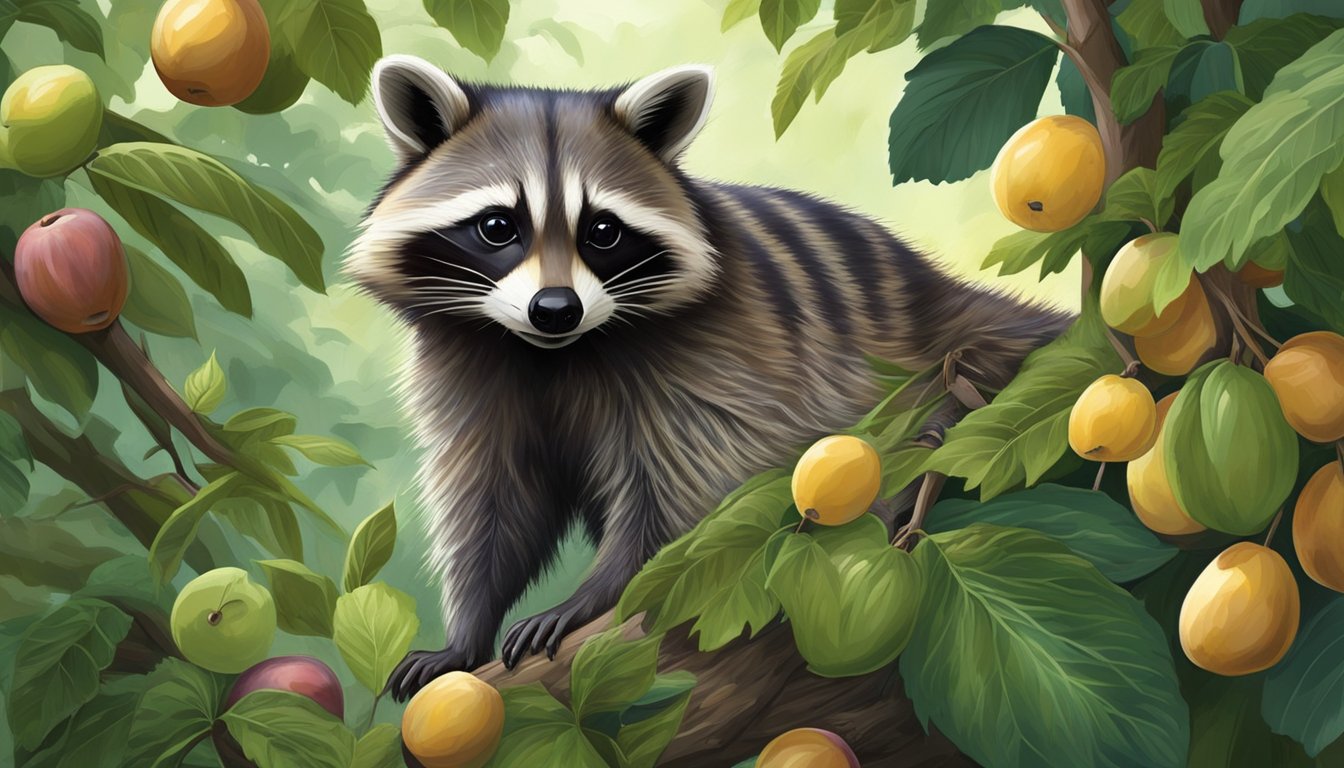 A raccoon forages for ripe American plums in a dense thicket, surrounded by lush foliage and small wildlife