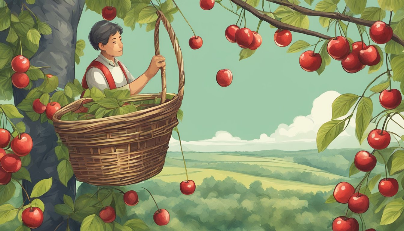 A figure collects wild cherries using a small basket and a long stick with a hook at the end. The cherries are being plucked from the tree and placed into the basket