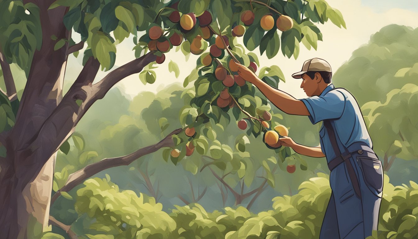 A person carefully picking ripe American plums from a tree in a lush, wild environment, with a focus on the conservation efforts being made