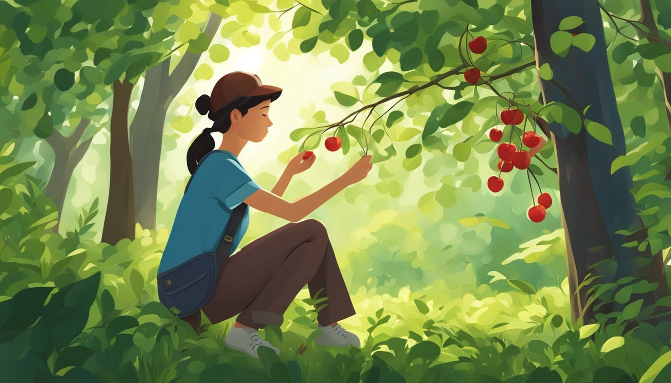 A person carefully gathers wild cherries from a tree in a forest clearing, surrounded by lush greenery and dappled sunlight