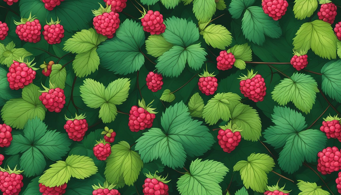 A lush forest floor with scattered wild raspberry bushes, ripe red berries ready for harvesting