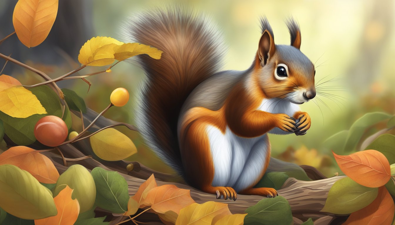 A squirrel gathers autumn olives from a tangled shrub, scattering leaves on the forest floor