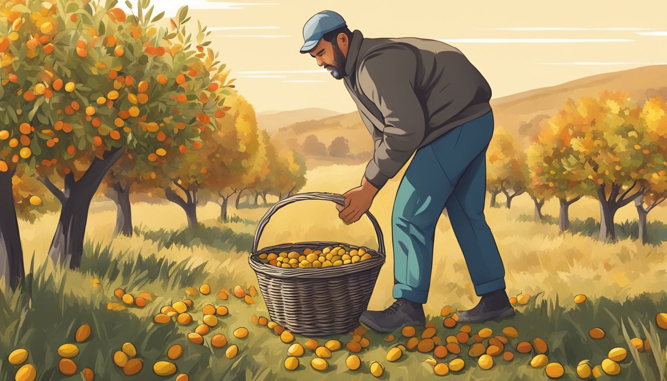 A person collecting autumn olives from bushes in a field, with a basket and tools nearby