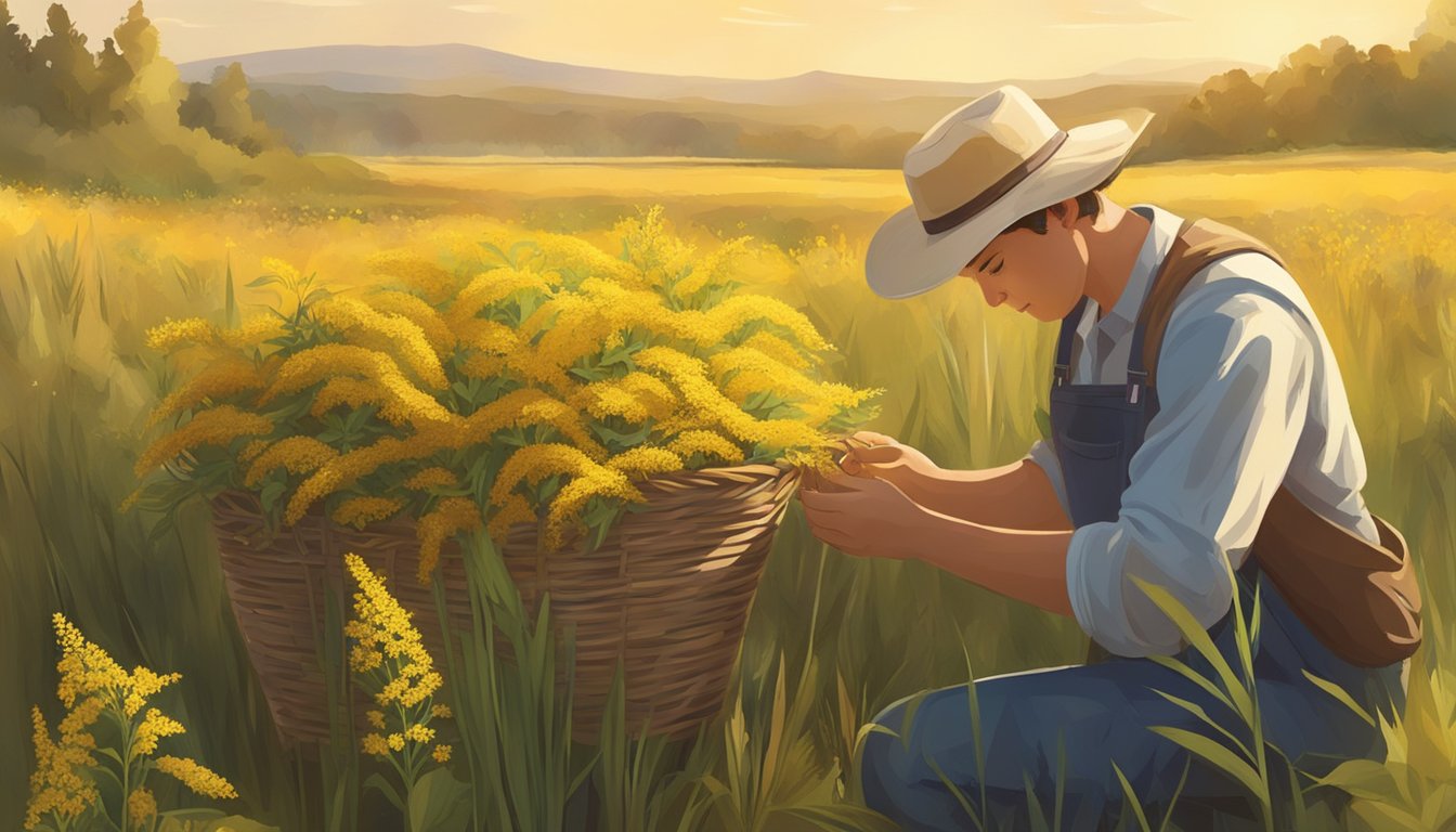 A person gathers goldenrod flowers and leaves in a sunny field, surrounded by tall grass and wildflowers. The goldenrod is being carefully collected and placed in a basket