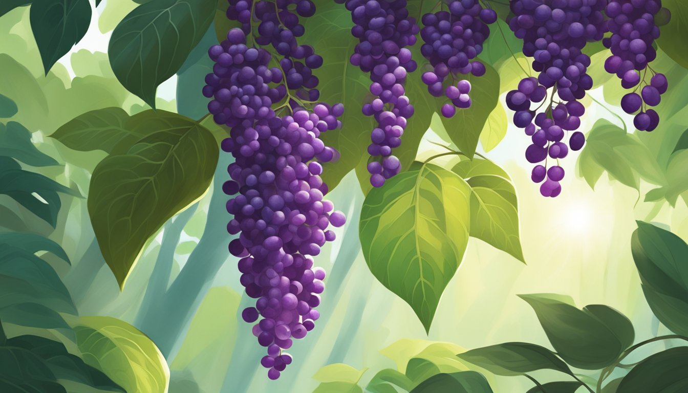 A lush forest floor with clusters of vibrant purple beautyberries hanging from leafy branches, surrounded by dappled sunlight filtering through the trees