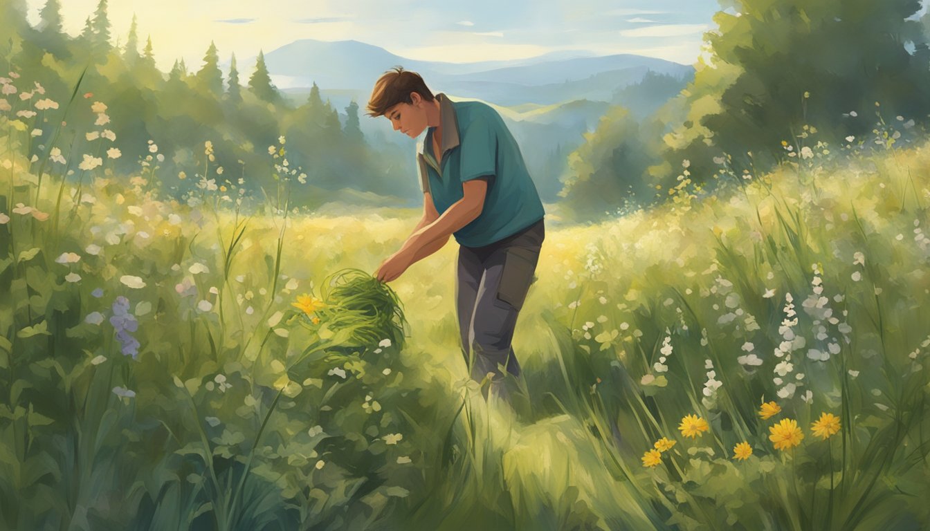 A figure collecting greenthread plants from a meadow, surrounded by tall grass and wildflowers