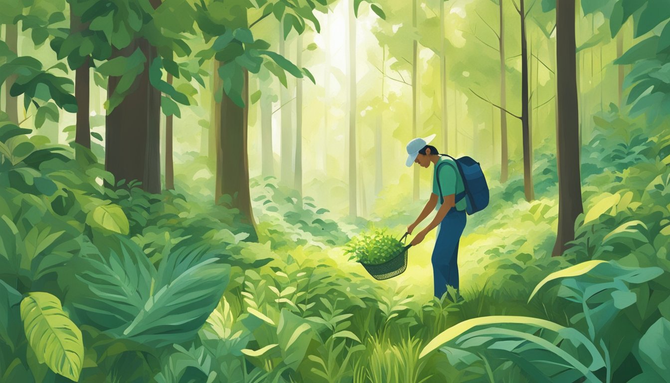 A person ethically forages greenthread in a lush, sun-dappled forest clearing, carefully harvesting the delicate plants with sustainable practices