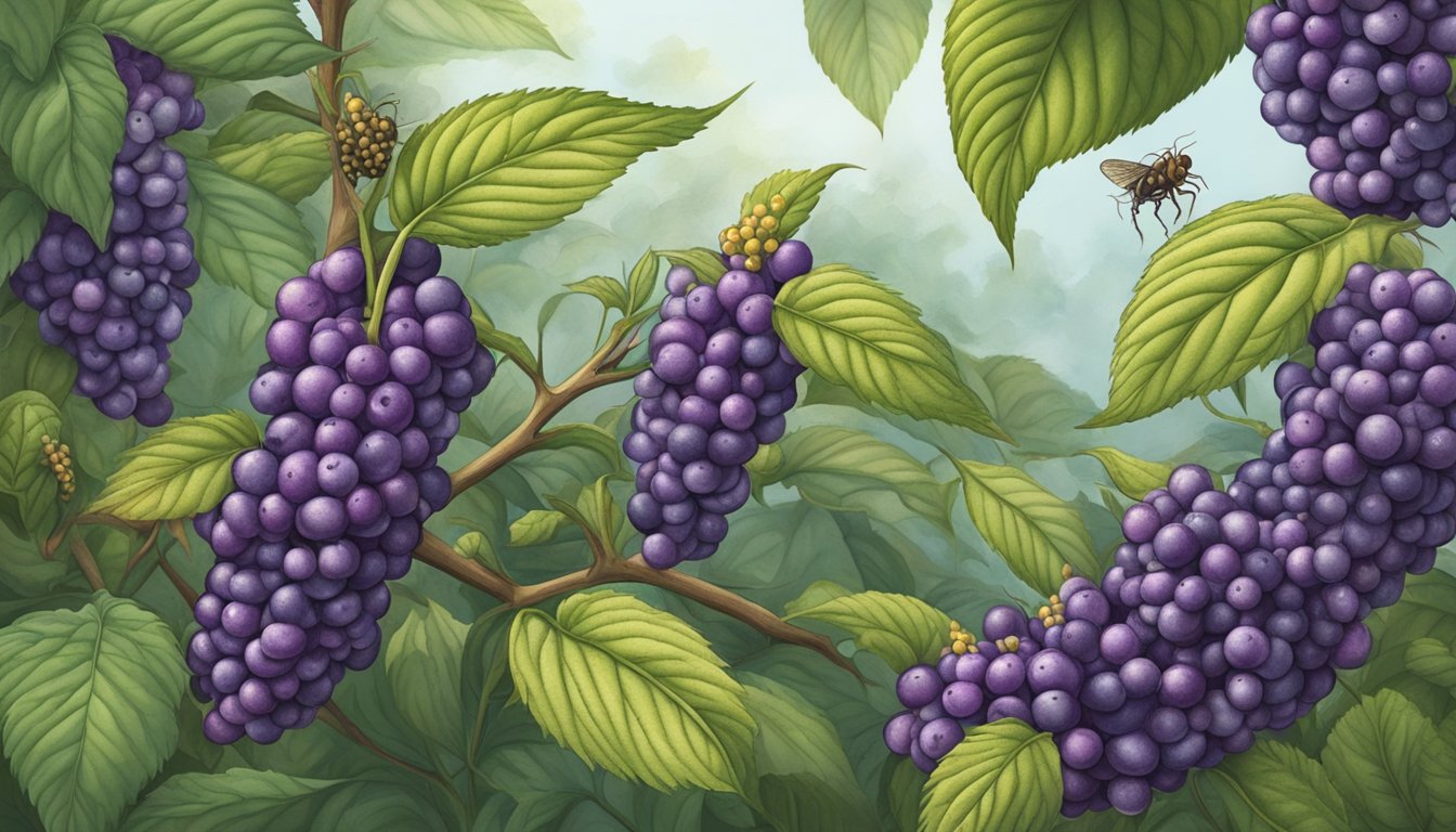 Pests and diseases ravaging beautyberry plants in a garden