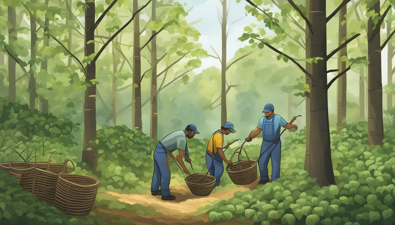 Greenbrier vines being pruned and harvested in a forest clearing, with tools and baskets nearby