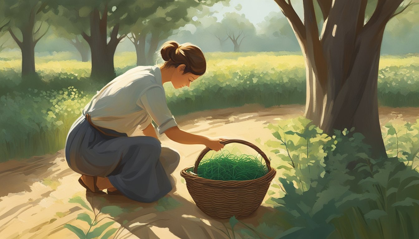 A figure bends over a field, carefully plucking greenthread plants and placing them in a woven basket. Sunlight filters through the trees, casting dappled shadows on the ground