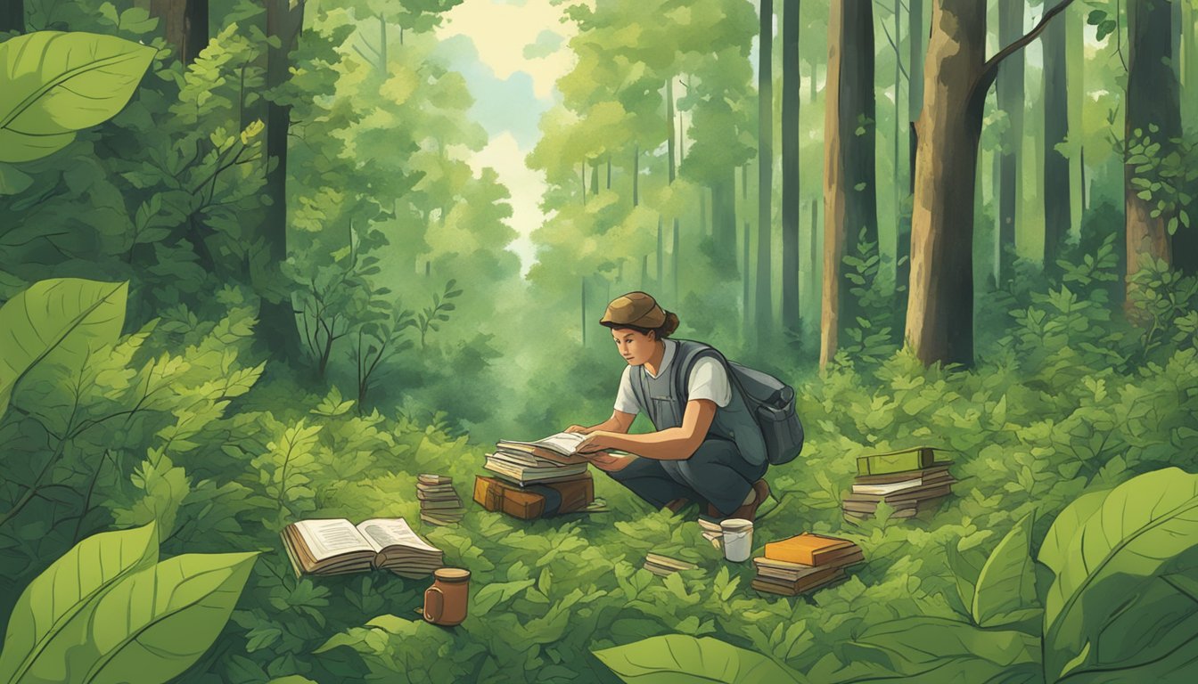 A person collecting greenbrier leaves and berries in a forest clearing, surrounded by books and research equipment