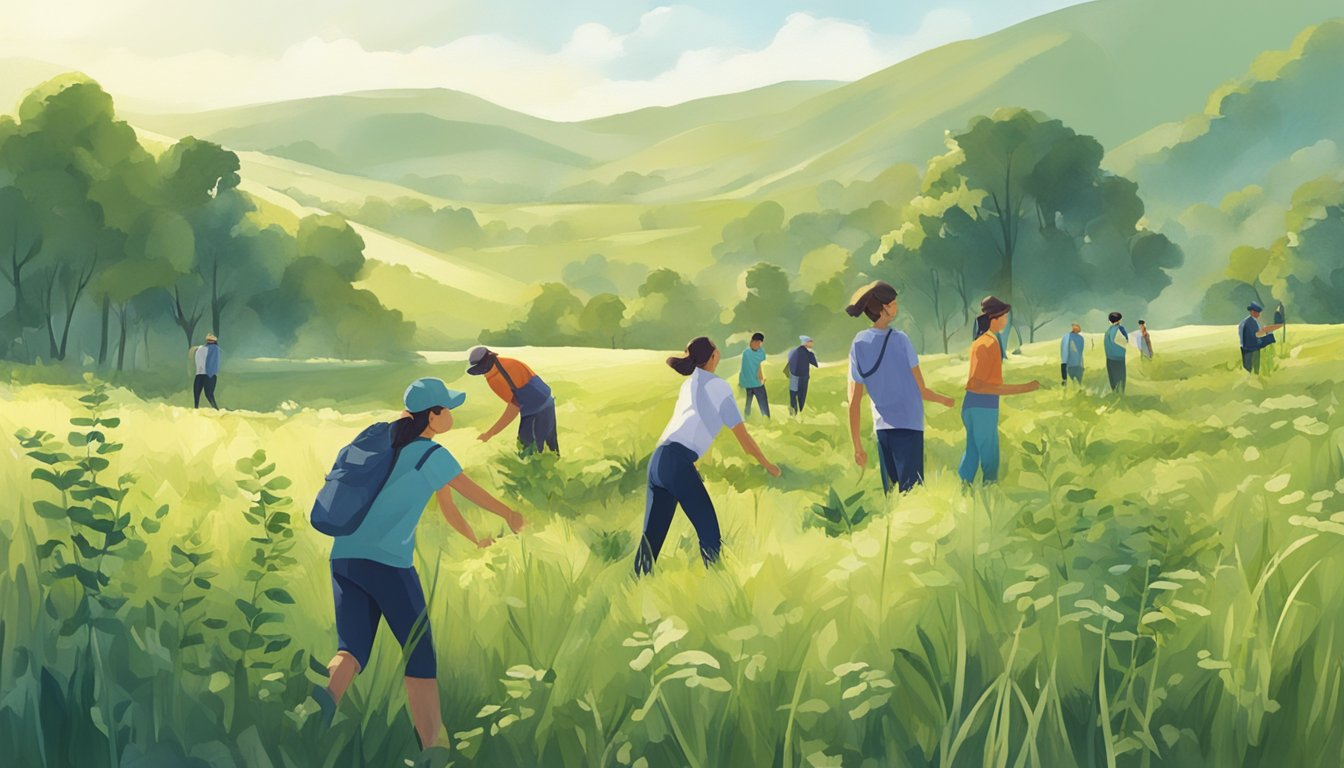 A group of people gather in a field, collecting greenthread plants and interacting with the surrounding environment