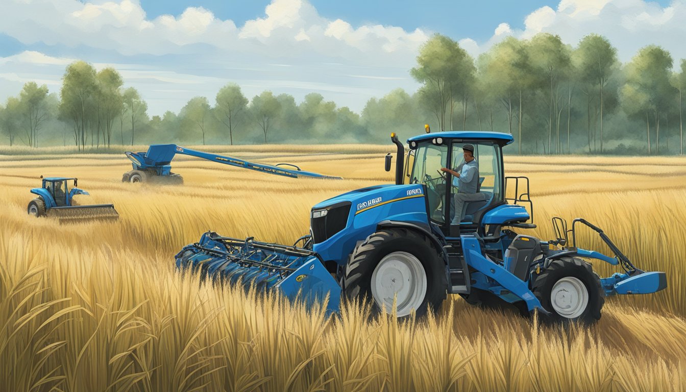 Big bluestem grass towers over a field, ready for harvesting. Workers gather the tall grass using specialized tools and machinery