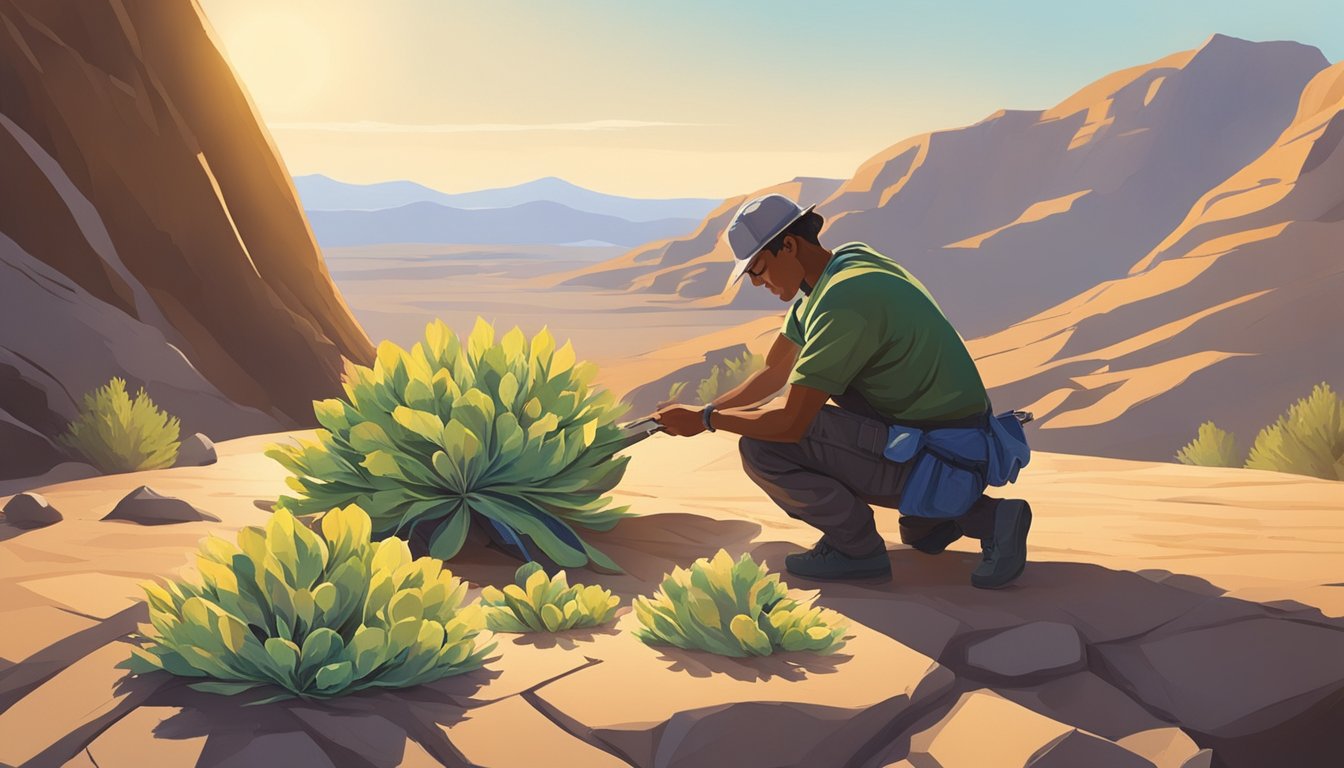 A figure kneels by a rocky outcrop, carefully harvesting bitterroot plants with a small knife. The sun casts long shadows across the desert landscape