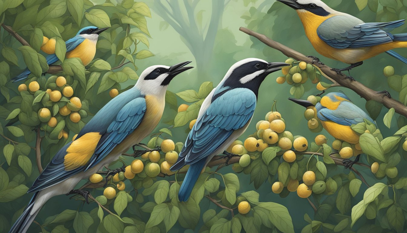 A group of birds foraging and harvesting hackberry fruits in a dense forest habitat