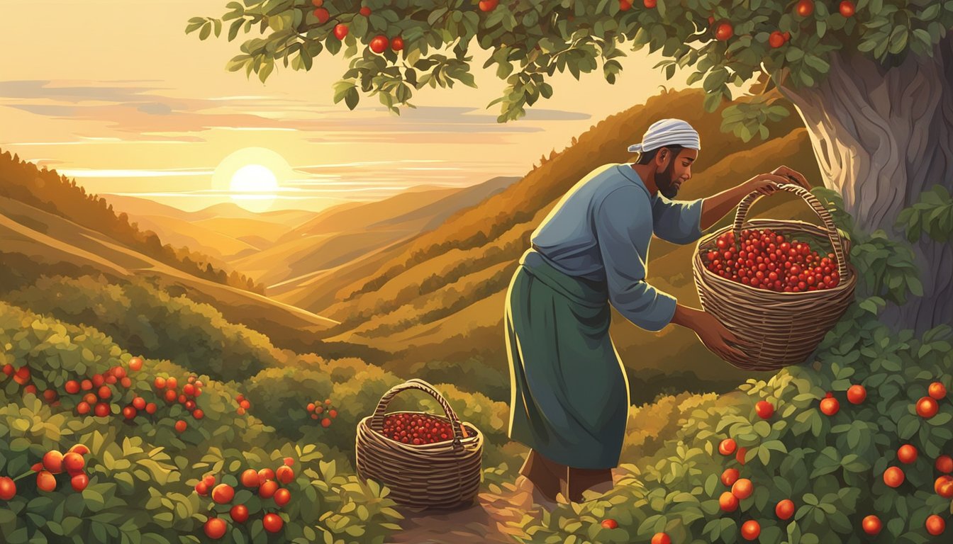 A figure collects ripe hawthorn berries from a thorny bush, placing them in a woven basket. The sun sets behind a forested hill