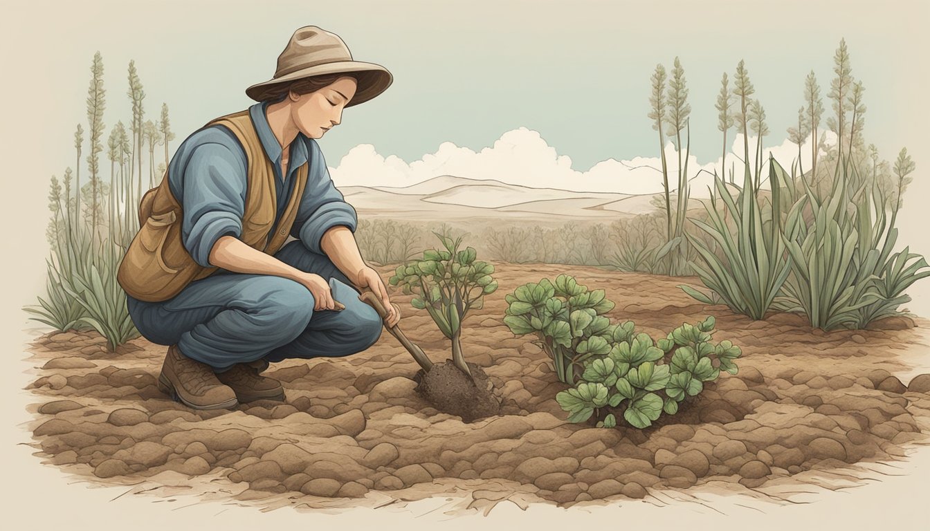 A figure kneels, carefully digging up bitterroot plants from the dry soil, using a small trowel to gently unearth the delicate tubers