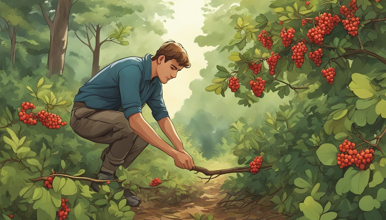 A forager collects ripe hawthorn berries from a thorny bush in a lush forest clearing