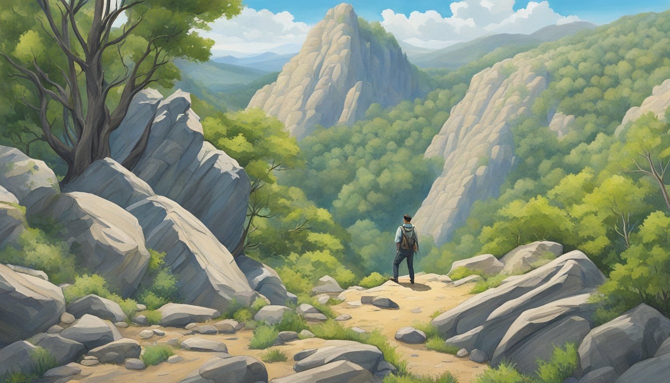 A figure gathers bitterroot in a wild, rocky landscape, surrounded by lush greenery and a clear blue sky