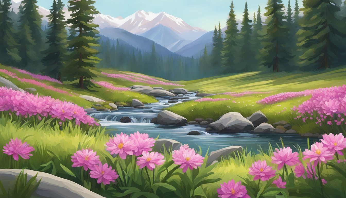 A lush mountain meadow with a carpet of pink and white bitterroot flowers, surrounded by evergreen trees and a clear, flowing stream