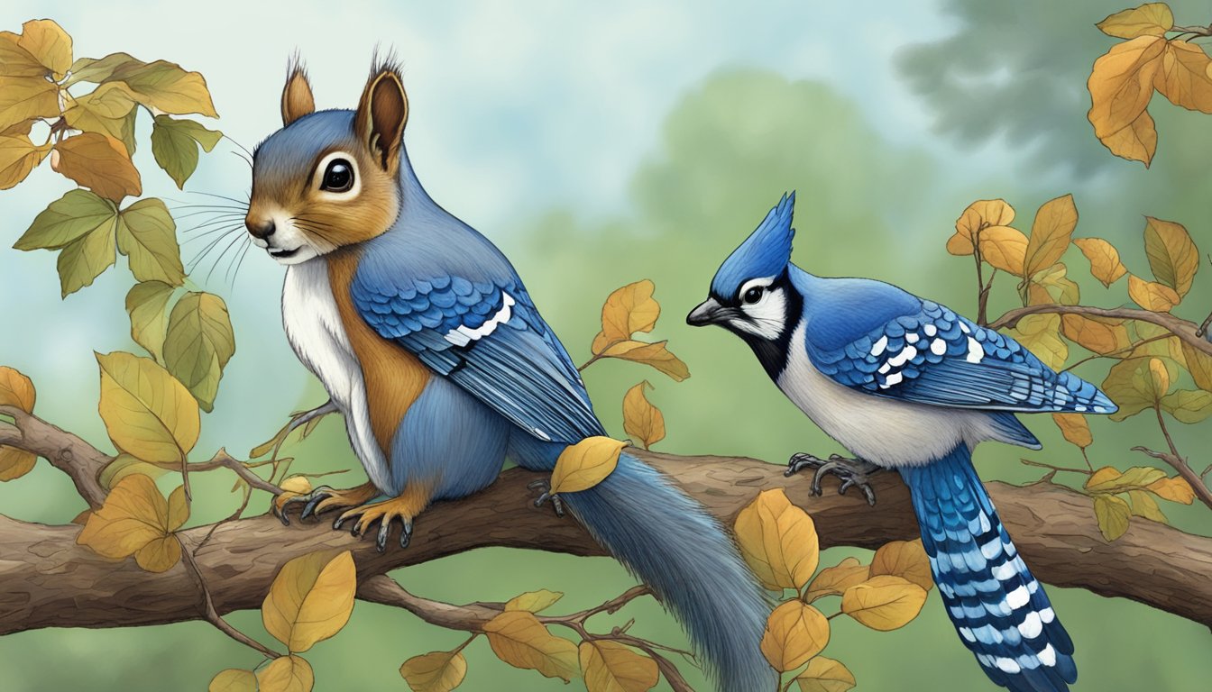 A squirrel gathers hackberries from a tree while a blue jay watches from a nearby branch