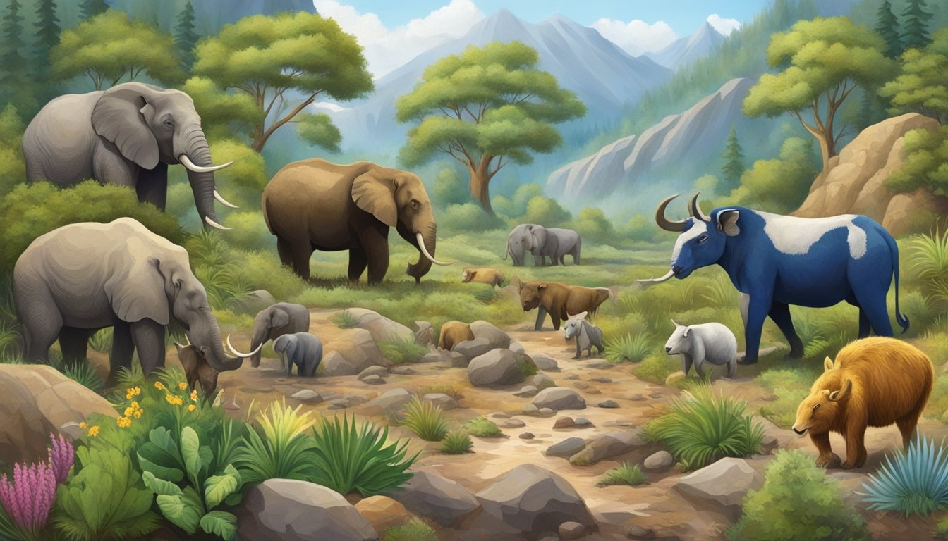 A group of animals gathering bitterroot from the rocky soil, surrounded by a diverse array of plant life and a vibrant natural landscape