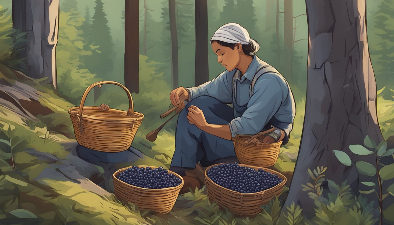 A person collecting huckleberries in the wild, with baskets and tools for post-harvest processing and preservation nearby