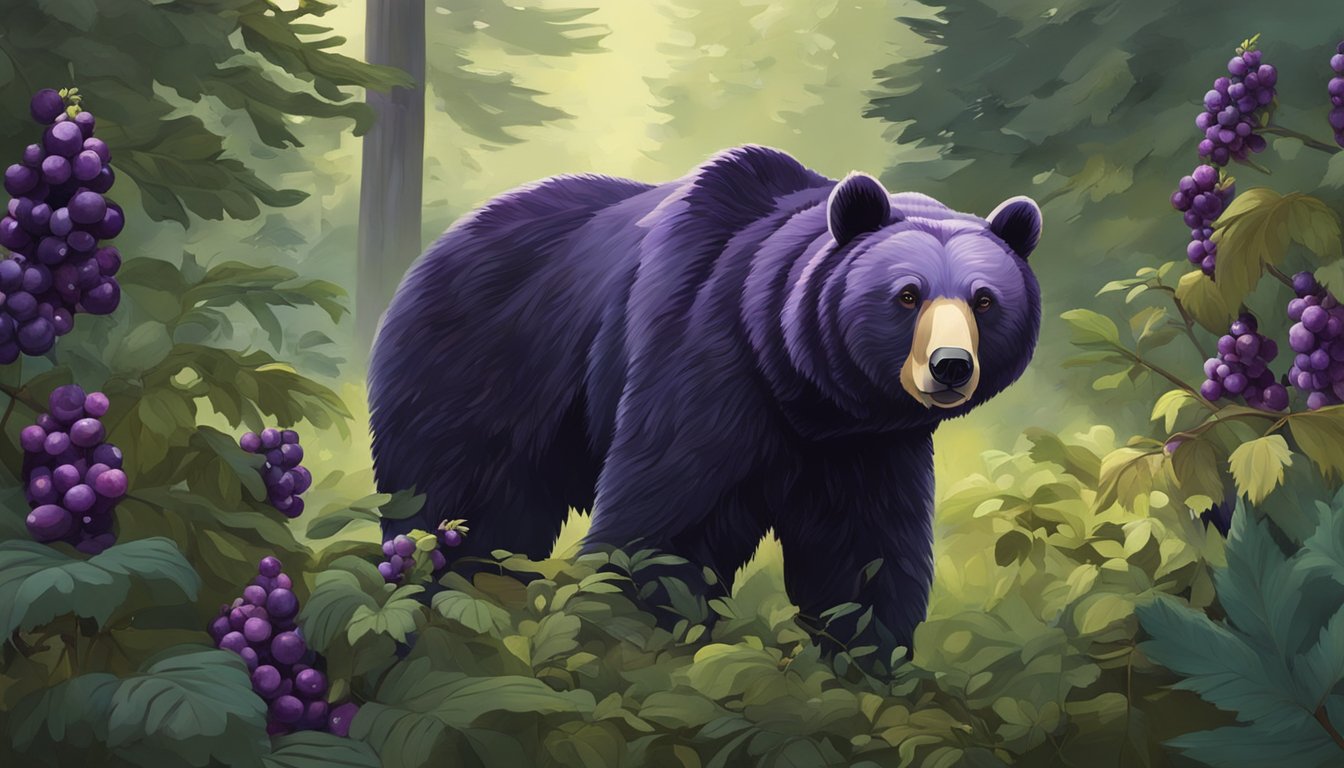 A bear forages for ripe huckleberries in a lush forest clearing, carefully plucking the small, dark purple fruits from the bushes and collecting them in its paws