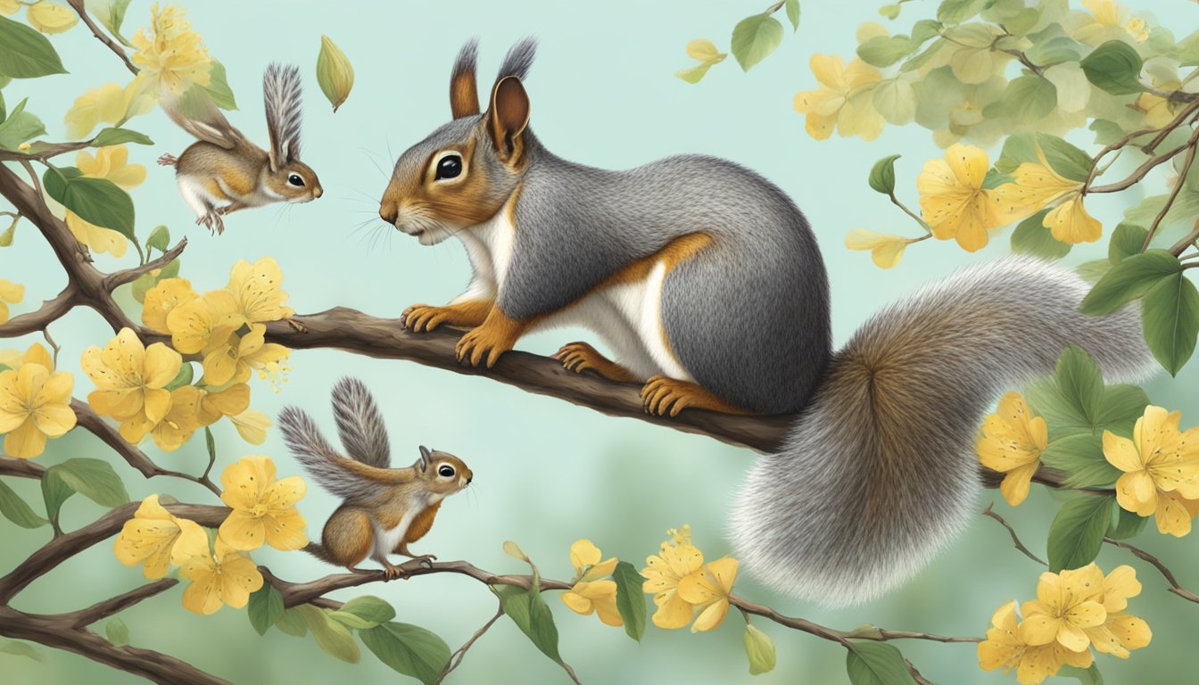 A squirrel gathers black locust flowers from a tree branch, while birds flit around, and a rabbit nibbles on fallen blossoms