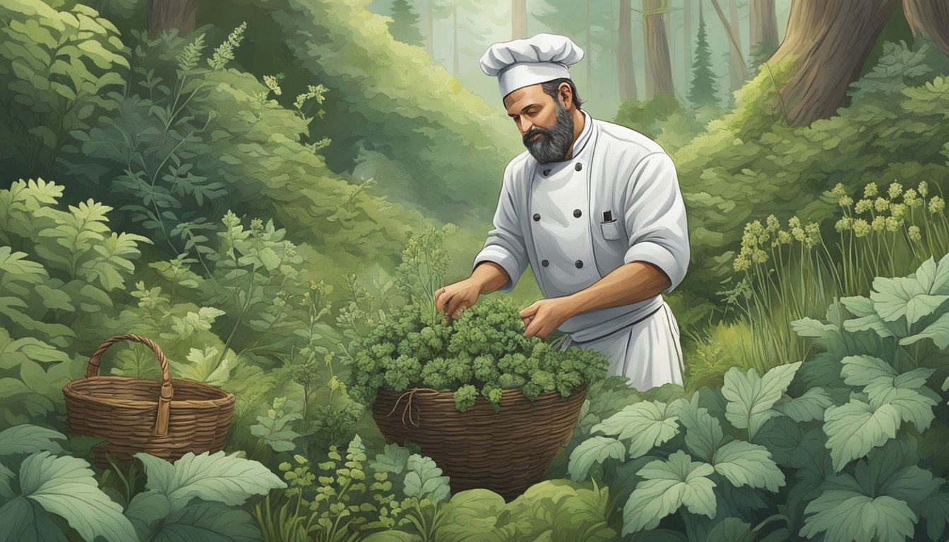 A chef gathers horehound from a lush forest floor, surrounded by wild herbs and plants