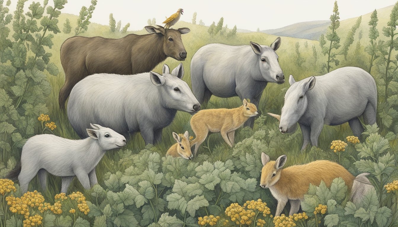 A group of animals gather around a patch of horehound, working together to forage and harvest the herb. They collaborate to collect the plant and carry it back to their den