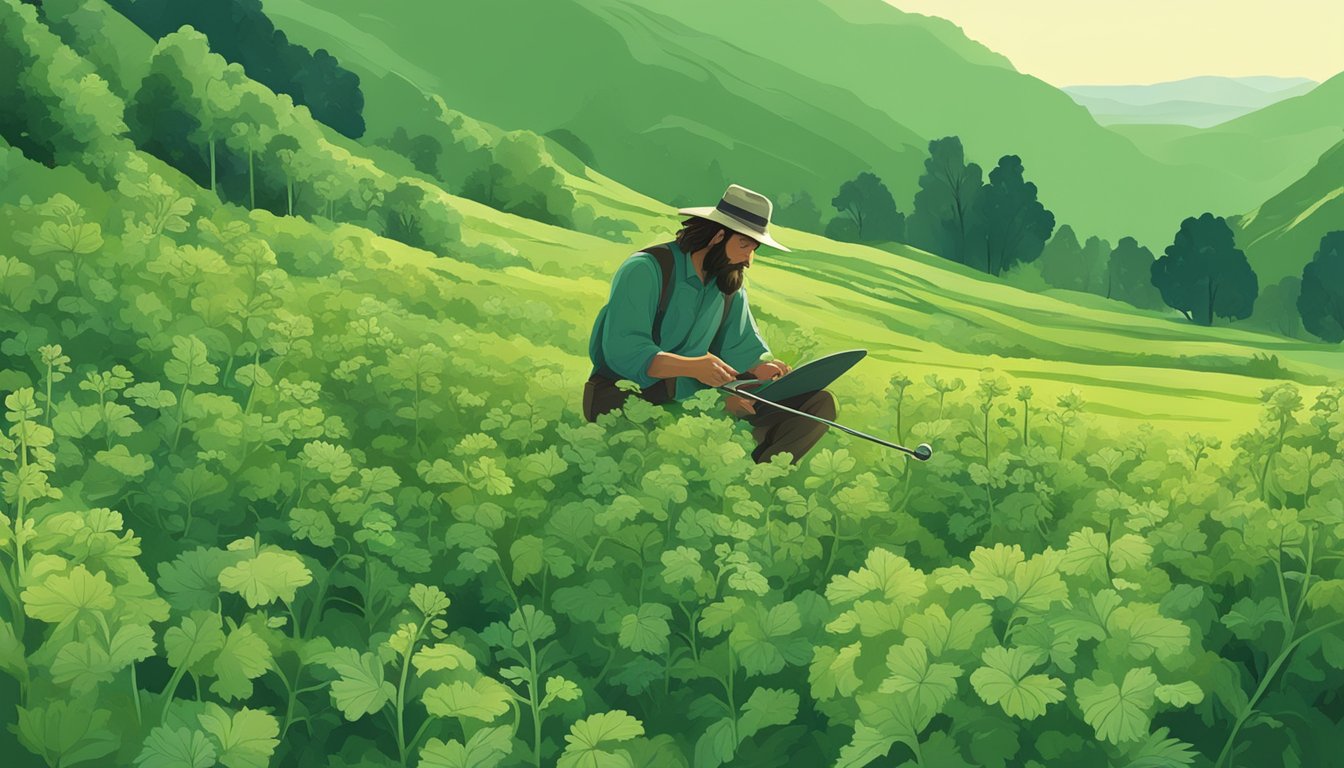 A figure gathers horehound with digital tools in a lush, green landscape