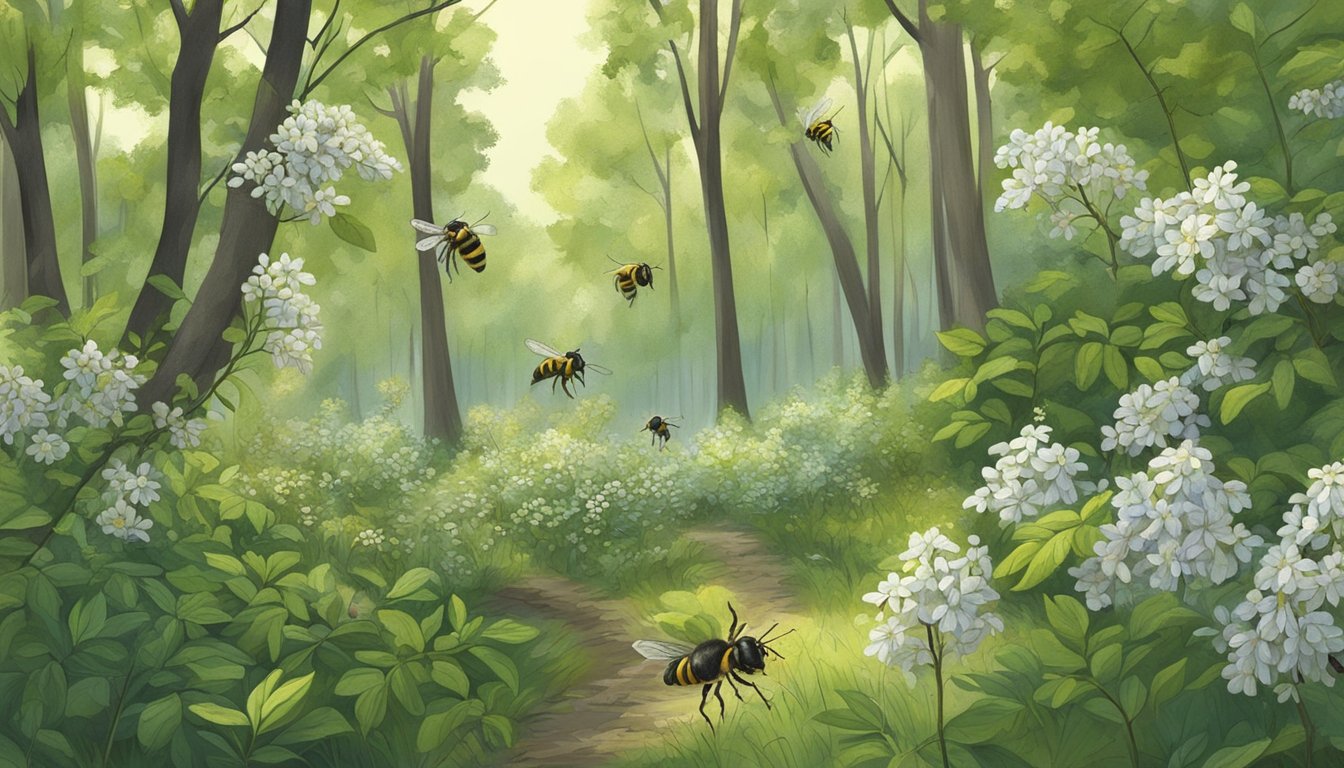 A group of bees foraging and harvesting black locust flowers in a lush forest clearing