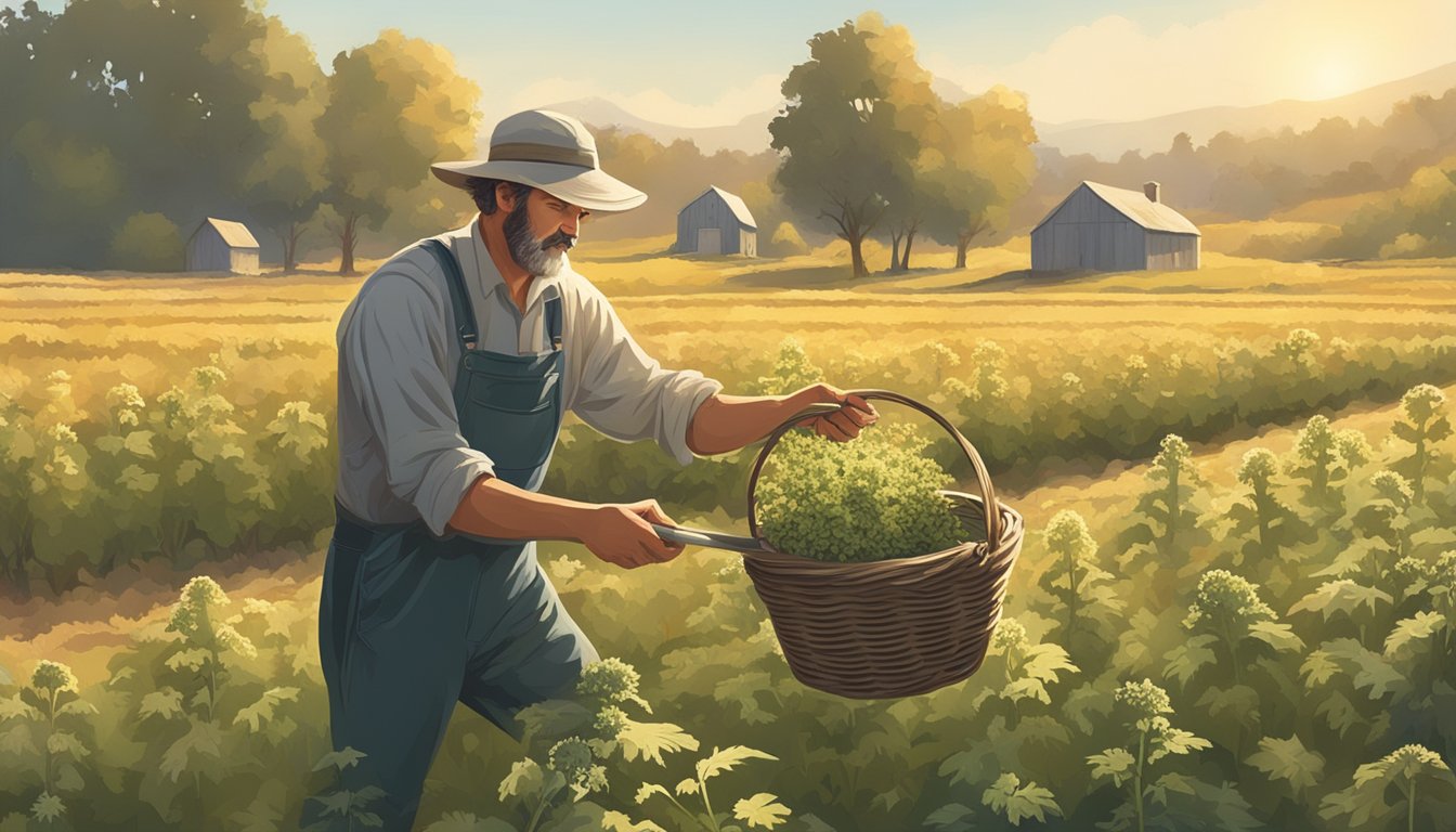 A farmer gathering horehound in a sunlit field with a basket and shears