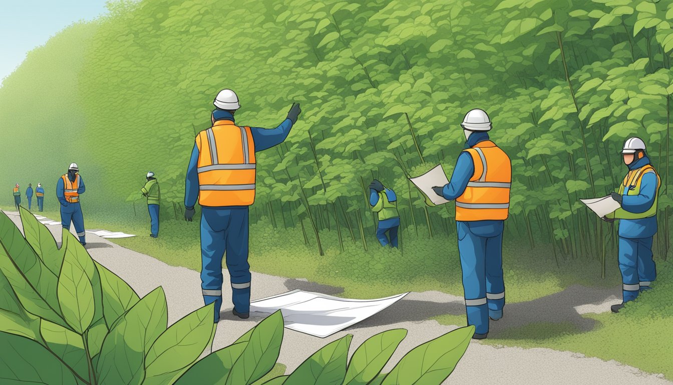 A group of workers in protective gear survey a dense patch of Japanese knotweed, while a government official reviews a legislative document nearby