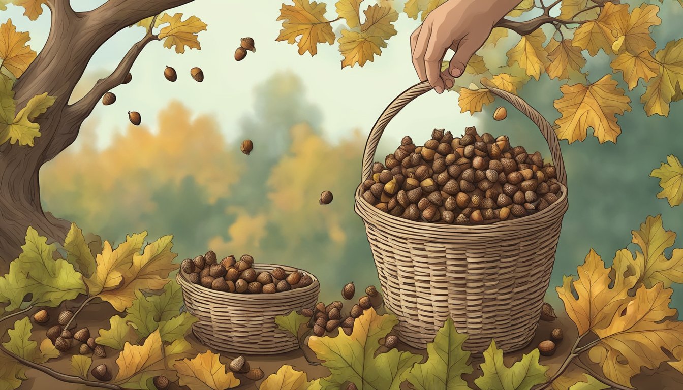 A hand reaches out to pluck ripe bur oak acorns from the tree, collecting them in a basket for processing