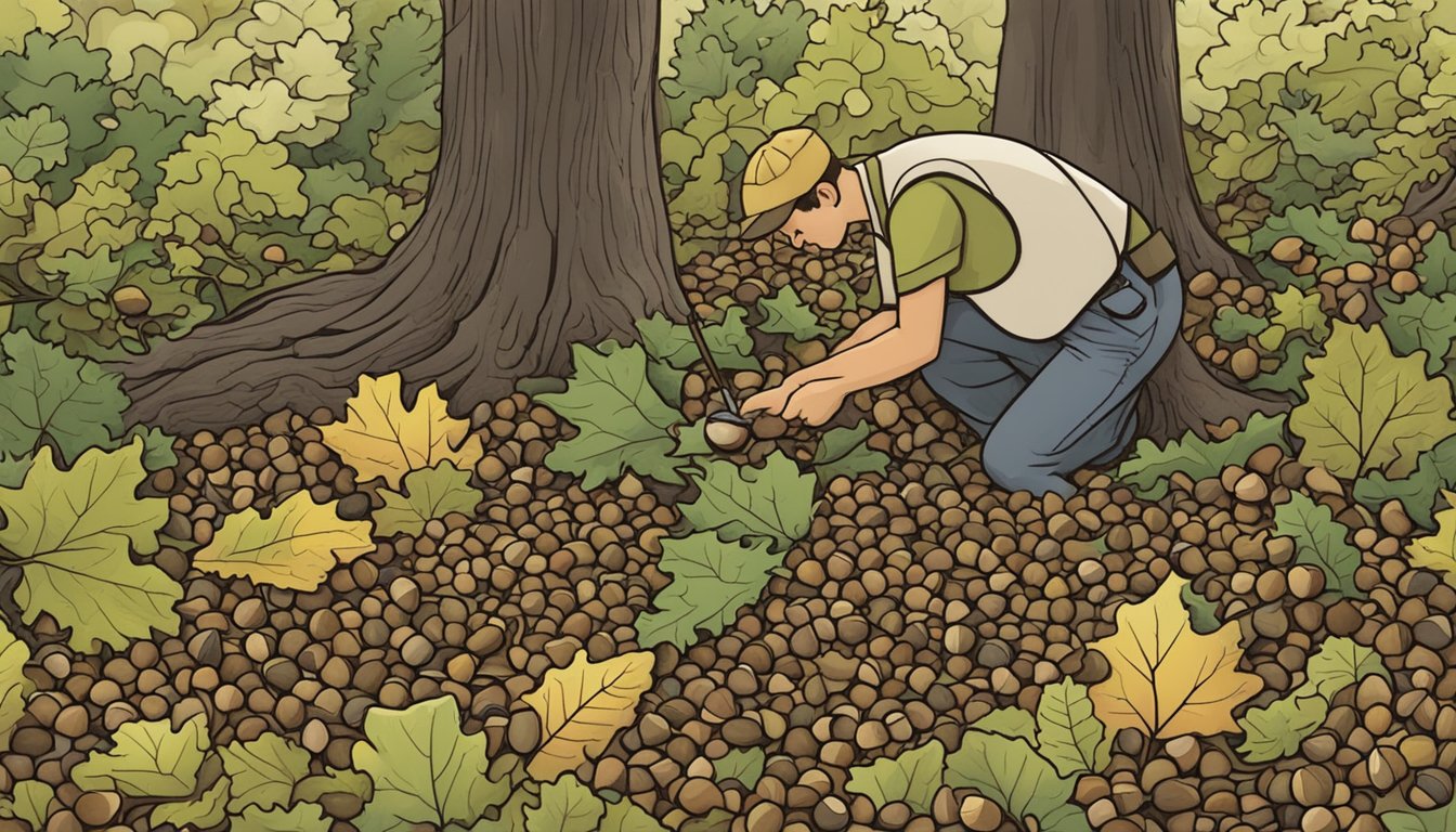 A person carefully collects bur oak acorns from the forest floor, ensuring to only take what is necessary and leaving the rest for wildlife