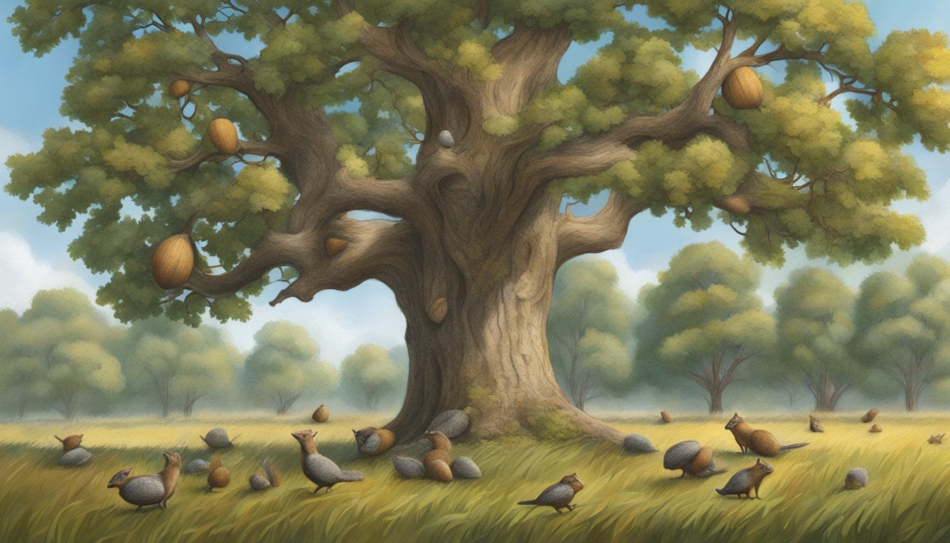 A bur oak tree stands tall in a grassy field, its branches heavy with acorns. Squirrels and birds gather to forage and harvest the plentiful acorns