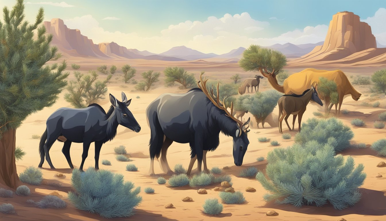 A group of animals foraging and harvesting juniper berries in a desert landscape