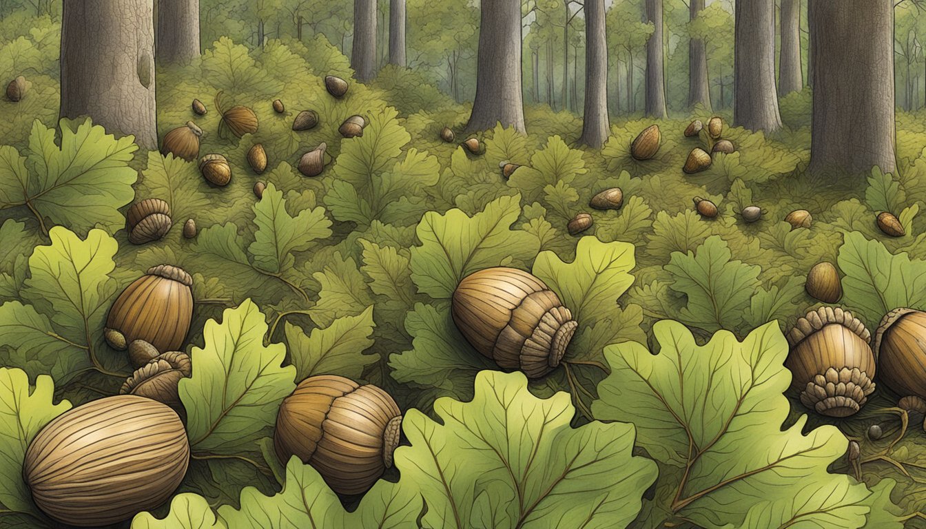 A group of Quercus species forage and harvest bur oak acorns in a dense forest clearing