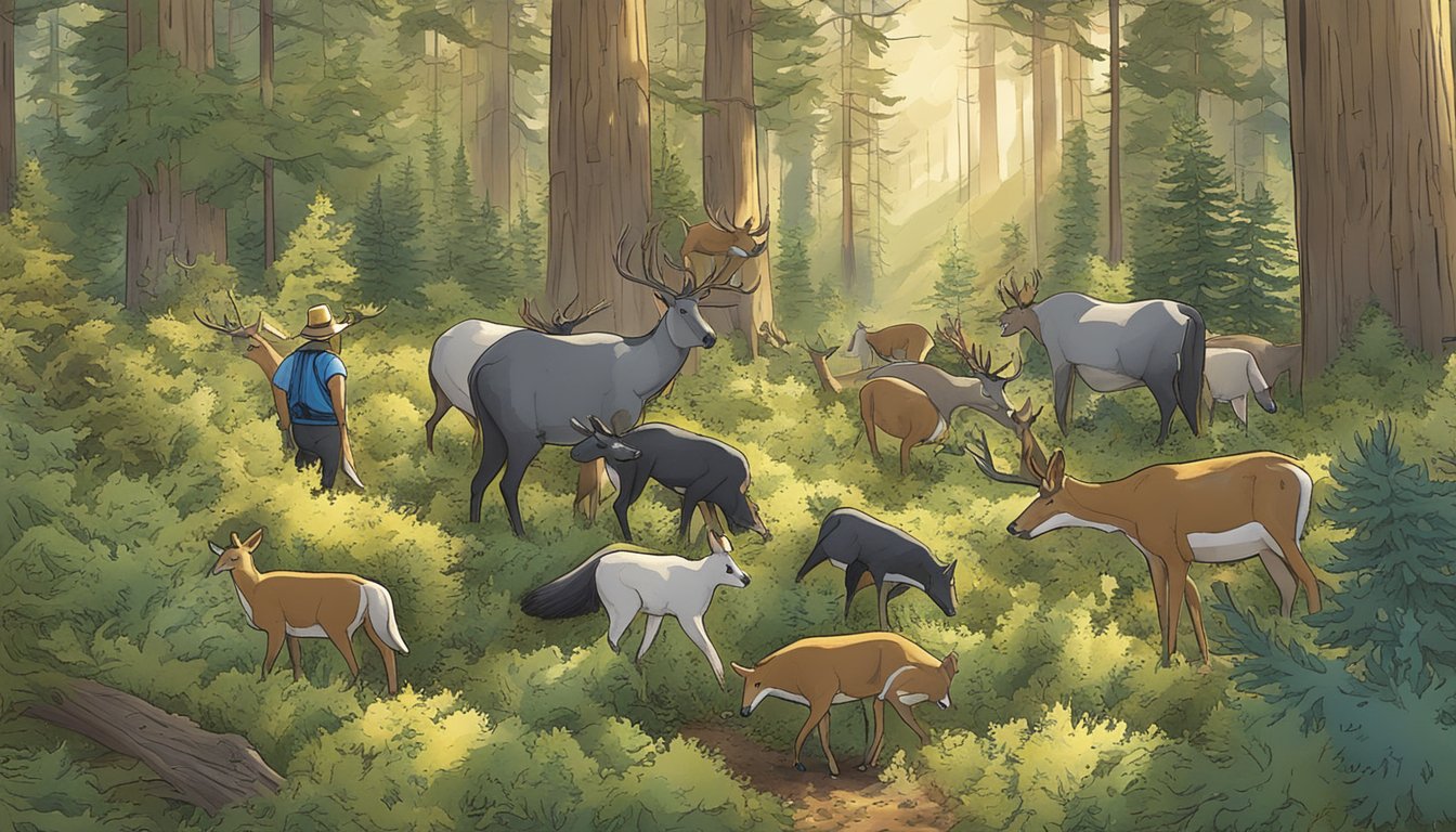 A diverse array of wildlife foraging and harvesting juniper berries in a dense, sun-dappled forest